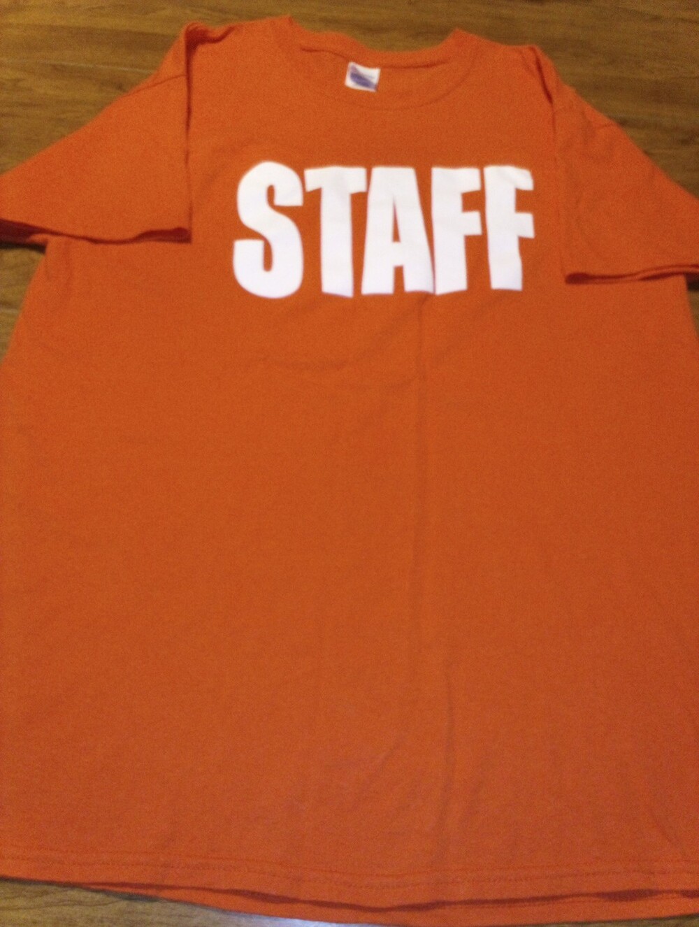 Orange Staff T-Shirt Gildan Heavy Cotton Large White Block Letters Front/Back
